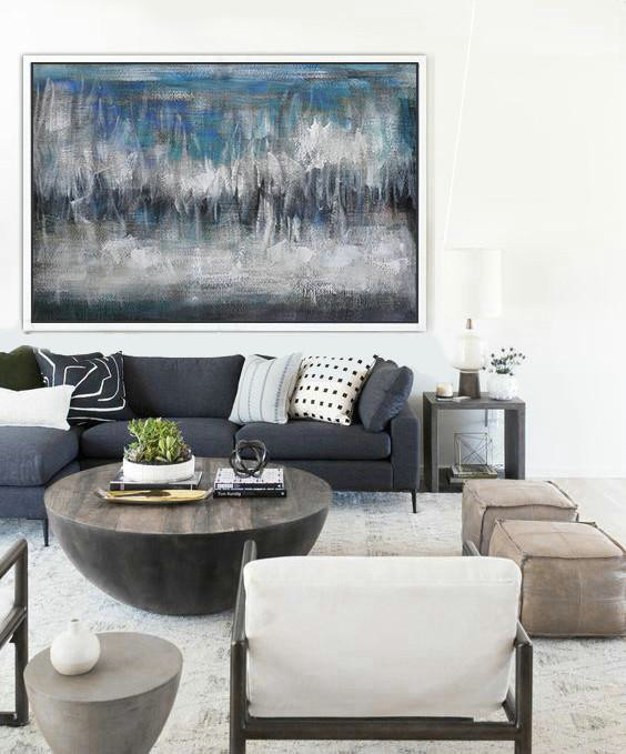 Extra Large Painting,Oversized Horizontal Contemporary Art,Large Canvas Art,Blue,Grey,Black,White.etc